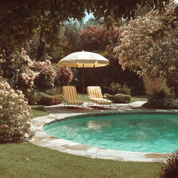 Bordo curvo di una piscina con acqua limpida e turchese, con ombrellone e sdraio retr&ograve;, anni 80.