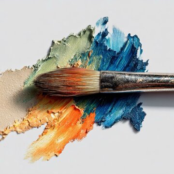 Effetto dinamico e creativo, tipico di un momento artistico in corso, con un pennello immerso in pennellate di colori ad olio.