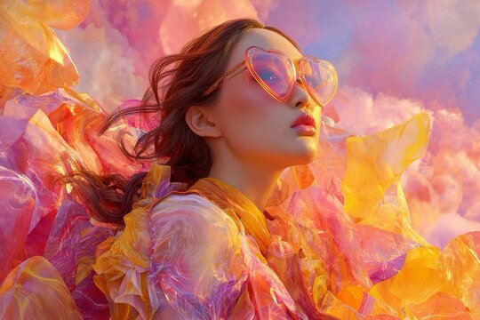 Immagine astratta e onirica di una donna tra tessuti morbidi di seta che fluttuano nel vento.