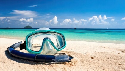 Snorkel Mask on Sandy Beach with Turquoise Ocean and Blue Sky.