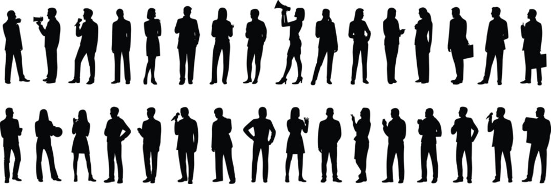 Silhouette diverse professionals standing, holding microphones, cameras, megaphones, briefcases, communication roles, teamwork illustration, corporate environment, media concept