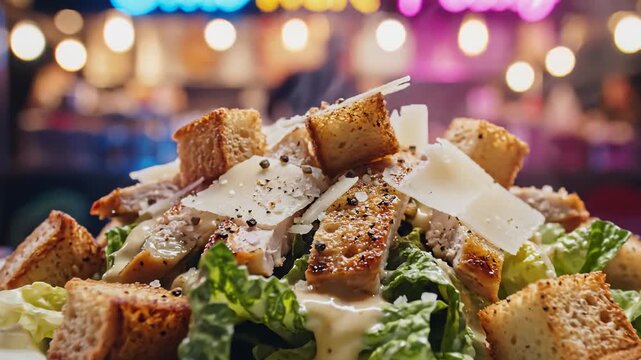 Delicious Caesar Salad With Grilled Chicken and Croutons Served on a Plate in a Restaurant at Night