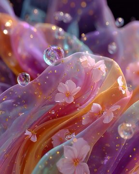Paesaggio immaginario, magico e surreale con veli di seta fluttuante, fiori romantici di ciliegio e bolle trasparenti che riflettono la luce