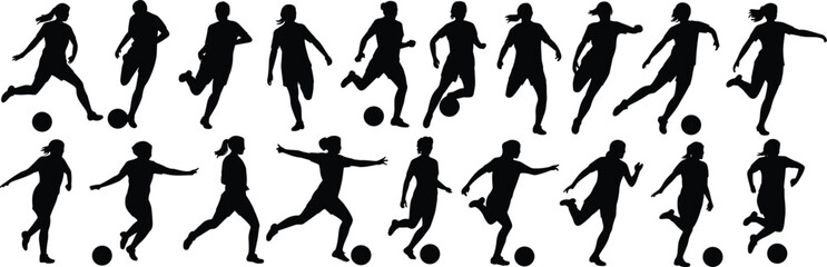Silhouette soccer players in action, running, kicking, dribbling, striking ball, dynamic sports illustration, athletic movement, football training concept © MdAbdul