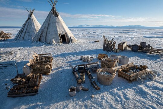 Strumenti e slitte della comunit&agrave; artica, attrezzature tradizionali, paesaggio ghiacciato.