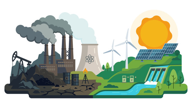 Vector concept of energy transition. Split landscape comparing traditional fossil fuel pollution with clean renewable wind and solar power. Flat design graphic illustration for ecology infographic.