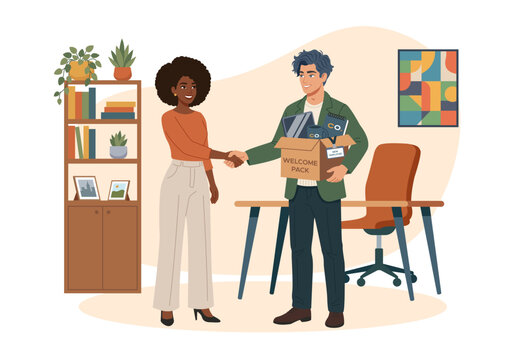 Flat vector illustration of HR manager welcoming new employee with handshake and corporate welcome pack box. Flat design graphic for company onboarding presentation or landing page.