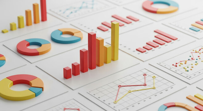 Isometric view of various colorful charts and graphs arranged on a white surface for data analysis