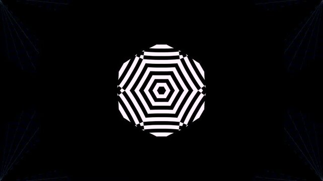 Symmetrical kaleidoscope motif with blue diamond shapes forming a glowing geometric pattern on a black background.	