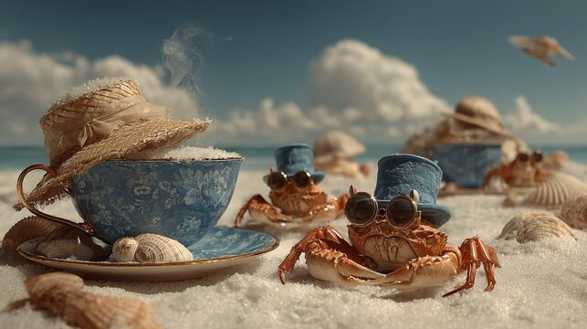 Scena marina buffa e surreale con granchi con occhiali,  tazze da t&egrave;, cappelli e conchiglie sulla spiaggia.