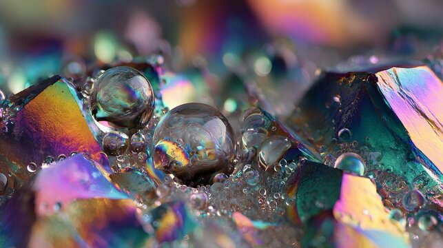 Dettaglio di cristalli con gocce d'acqua, evidenziando la loro lucentezza e trasparenza.
