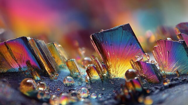 Cristalli di minerali dalle forme geometriche nette e spigolose, con effetti di luce, viste al microscopio.