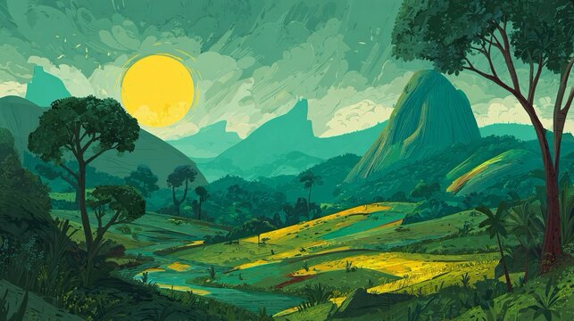 Un paesaggio stilizzato ritrae una maestosa scena naturale con tonalit&agrave; verdi e gialle dominanti sotto un cielo turchese screziato di nuvole.