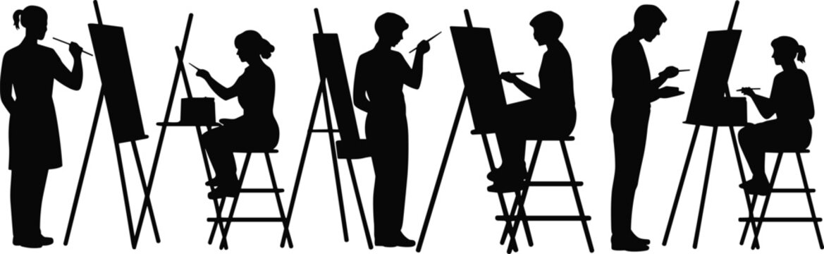 Artist painting silhouettes collection showing painters working on easel canvas isolated on white background, creative art studio vector illustration set