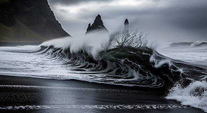 Powerful ocean wave crashes onto a black volcanic sand beach, creating dramatic white foam against dark shores and rugged sea stacks under a stormy Icelandic sky.