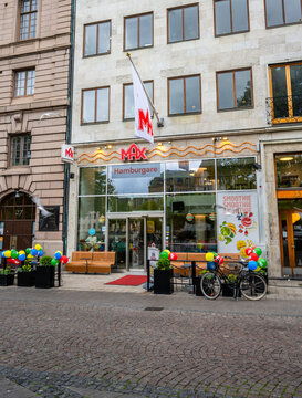 Malm?, Sweden - July 09 2022: Max Hamburger restaurant storefront with balloons.
