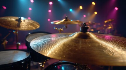 Drum set with cymbals on a stage with colorful spotlights, ready for a vibrant live music performance or concert