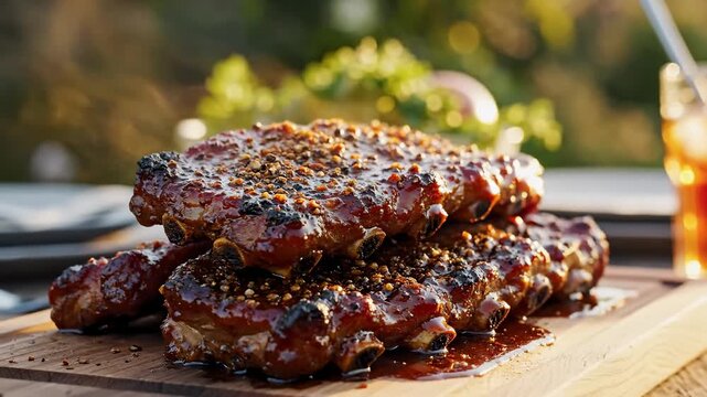Delicious Barbecue Pork Ribs Glazed With Sauce and Spices on a Wooden Board, Close Up