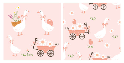 Seamless cute goose pattern with flower cart, daisy flowers and easter eggs on pastel background for fabric, wallpaper, wrapping paper, nursery decor and textile design. © Thanawat
