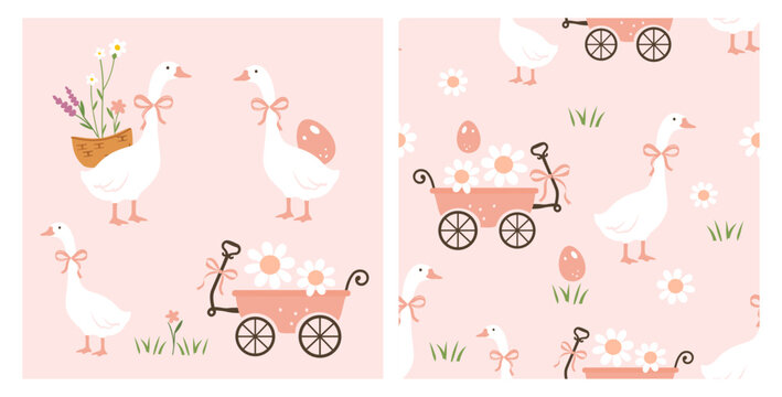 Seamless cute goose pattern with flower cart, daisy flowers and easter eggs on pastel background for fabric, wallpaper, wrapping paper, nursery decor and textile design.