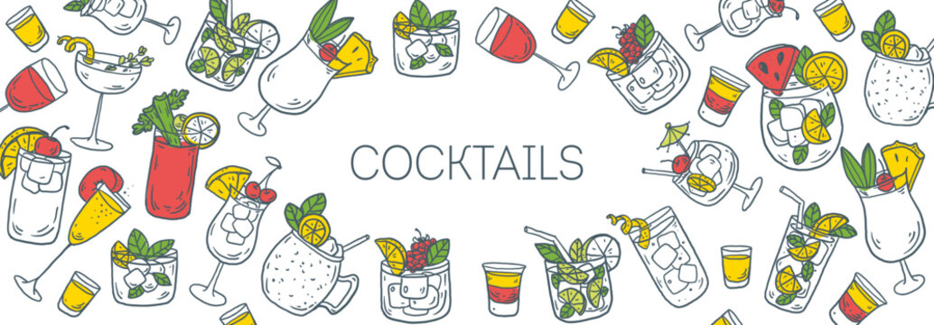 Hand drawn cocktail sketch frame . Whimsical food and drink doodles set. Hand drawn vector illustration for menu, packaging design. Cocktails quirky icons, simple sketch style. Partially colored