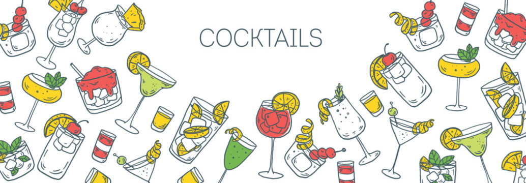 Hand drawn cocktail sketch frame . Whimsical food and drink doodles set. Hand drawn vector illustration for menu, packaging design. Cocktails quirky icons, simple sketch style. Partially colored