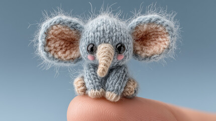 Fototapeta premium A little elephant puppet made by wool on a human's finger.
