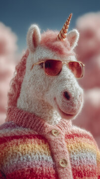 Fantasy portrait of a nice unicorn wearing a knitted pullover with pink clouds on the background. 