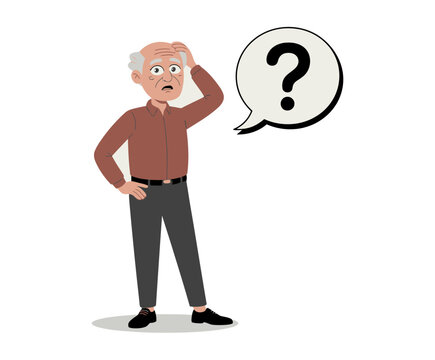 A cartoon elderly man with a puzzled expression and a question mark in a speech bubble, symbolizing confusion or uncertainty.