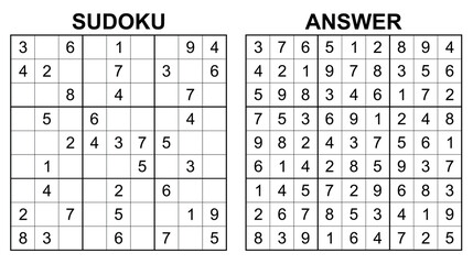 Vector sudoku with answer 54. Educational game with numbers for kids and leisure for adult on white background.	