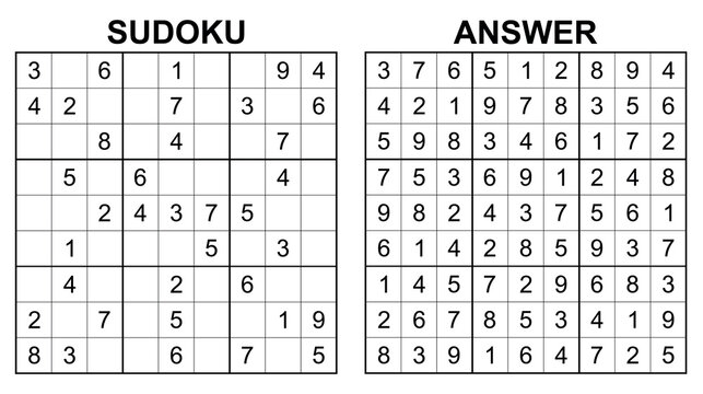 Vector sudoku with answer 54. Educational game with numbers for kids and leisure for adult on white background.	