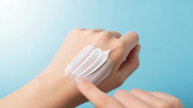 A person's hand with white cream applied to the back of their wrist against a blue background