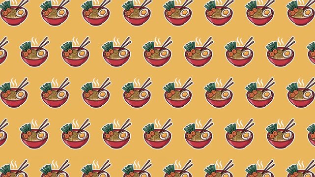 Steaming Ramen Noodle Bowl Seamless Pattern Background with Chopsticks, Egg and Vegetables Cartoon Food Icons, Japanese Cuisine Repeat Texture for Restaurant Menu Design, Animated Loopable