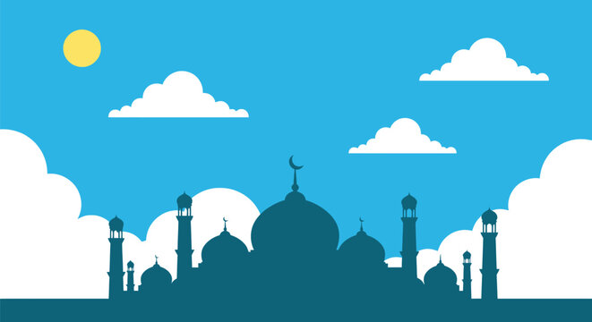 Mosque Silhouette Against Blue Sky.