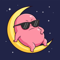 Fototapeta premium Pink alien with sunglasses sitting on a crescent moon against a starry night sky, cartoon style illustration