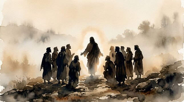 Watercolor Painting of Jesus Transfiguration on Mount Tabor with Disciples Biblical Scene