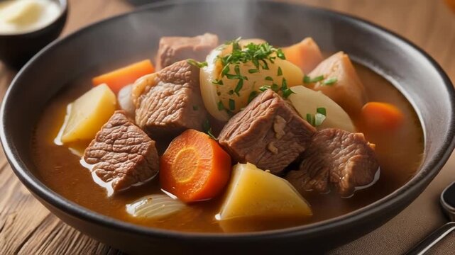 A steaming plate of beef stew with chunks of tender meat, carrots, and potatoes in a rich brown broth garnished with green herbs
