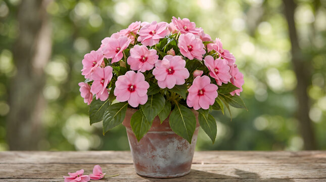 Beautiful Pink Impatiens Flowers in a Terracotta Pot on a Wooden Table