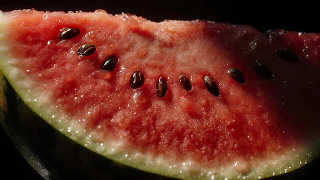Cinematic closeup of a watermelon wedge reveals glistening red flesh and neat black seeds along the curve, sparkling with moisture as dramatic side light shapes bold shadows on the textured rind.