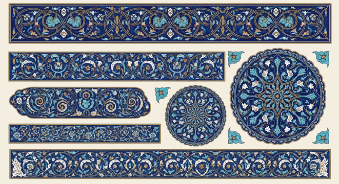 Persian Islimi Arabesque Borders and Islamic Gold Floral Vector Patterns