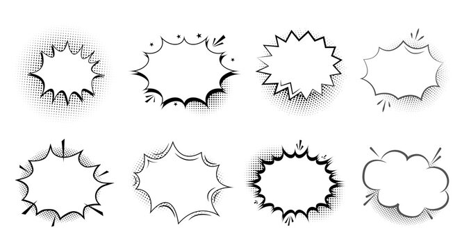 Retro empty comic speech bubbles set with black halftone shadows. Vintage design, pop art style - stock vector