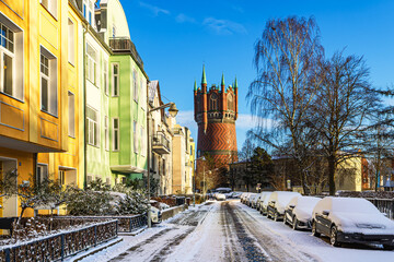 Blick auf den historischen Wasserturm im Winter in der Hansestadt Rostock © Rico Ködder