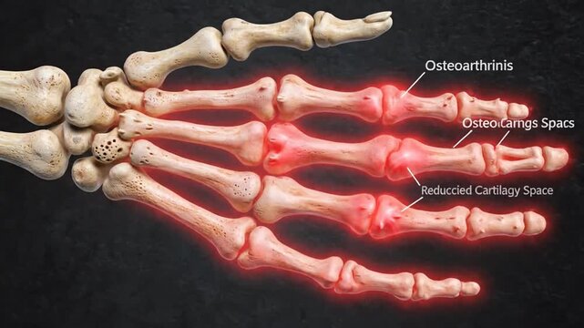 Close-up illustration of a human hand skeleton showing signs of osteoarthritis and reduced cartilage space in the joints.