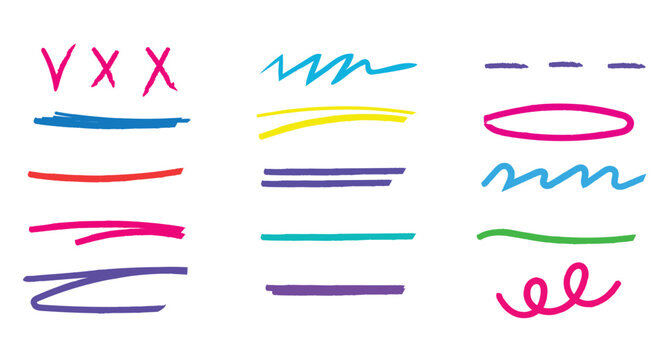Collection of colorful handdrawn underlines check marks and decorative elements isolated on white background