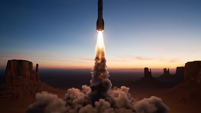 Rocket standing alone on futuristic landing pad at sunset
