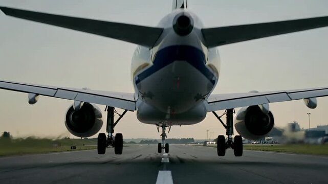 An airplane approaches a runway during sunset. The aircraft glides down, preparing to land as it nears the airport. The surroundings show bright skies and distant buildings.