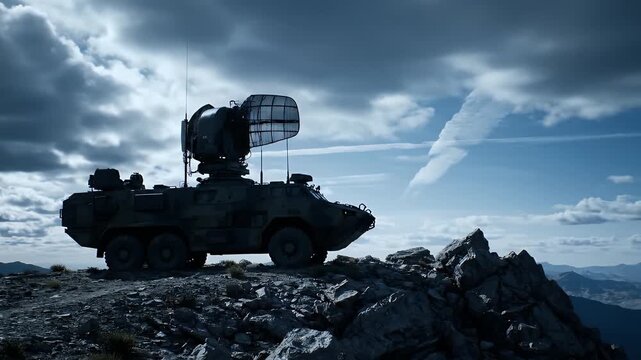Military radar vehicle positioned on rocky terrain under cloudy sky