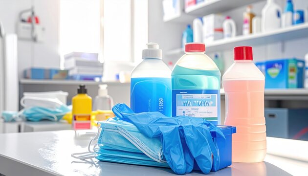 Close-up of a stockpile of essential sanitation and personal protective equipment, including face masks, gloves, and cleaning solutions, on a bright surface.