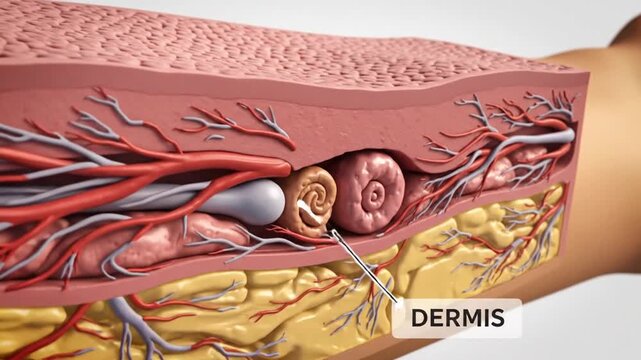 Cross-section of human skin showing epidermis, dermis, and subcutaneous fat layers with blood vessels and nerves.