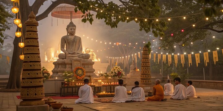 Mahavir Jayanti greeting banner with Mahavir statue Indian flag and festive decorations